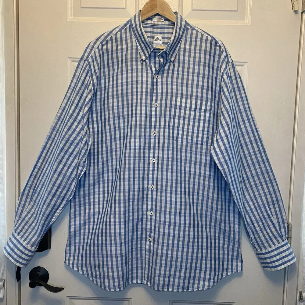 PETER MILLAR Cotton & Linen Blue Plaid Long Sleeve Casual Shirt XL EUC
